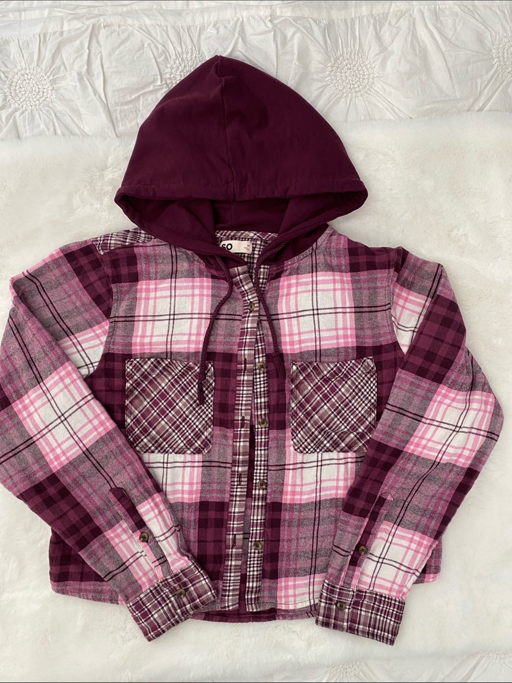 SO Girls Plaid Hooded Button-Down Shirt Jacket - Magenta. Size M